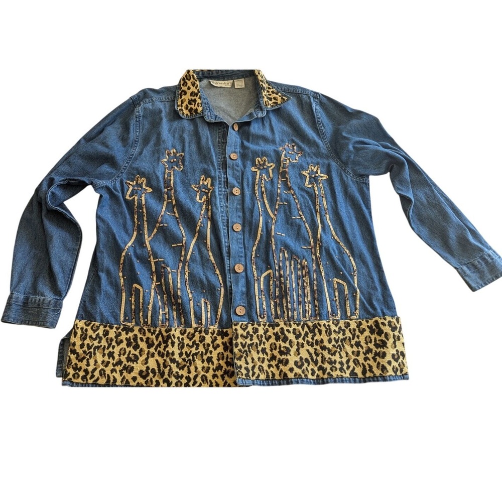 Giraffe Denim Button Down Shirt Leopard Trim Unique Art to Wear